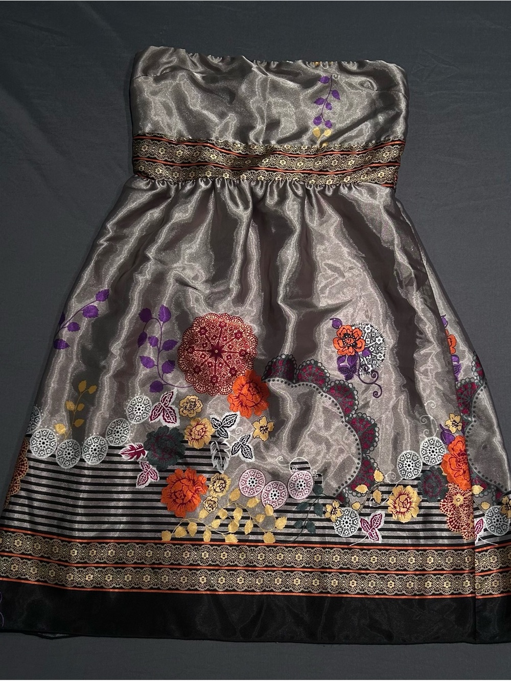 Vintage Y2K Furenty One Strapless Smocked Floral Satin Mini Dress